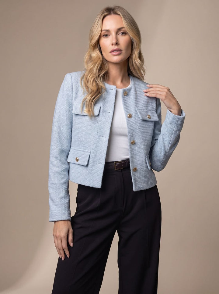 Women's Cropped Tweed Blazer Collarless Gold-Button Flap-Pocket Jacket, Light Blue - Light Blue