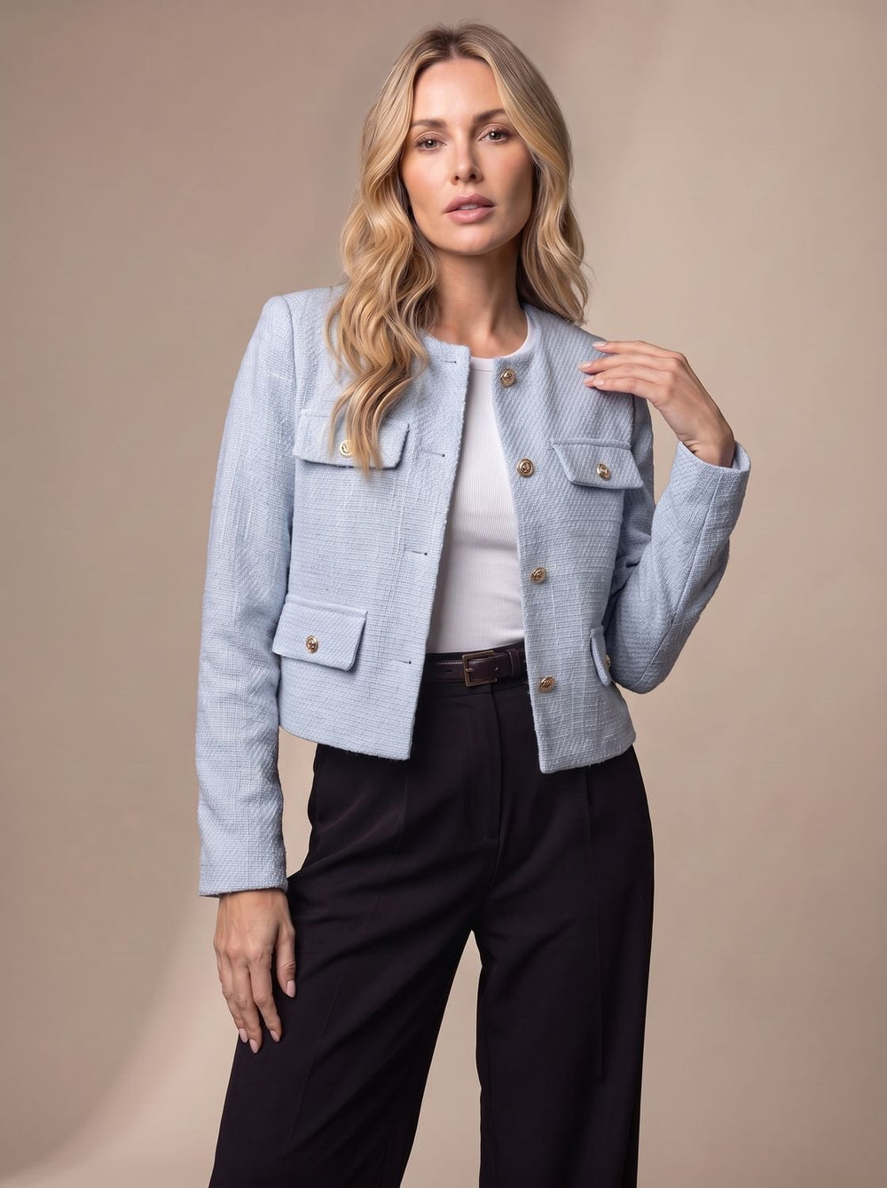 Women's Cropped Tweed Blazer Collarless Gold-Button Flap-Pocket Jacket, Light Blue