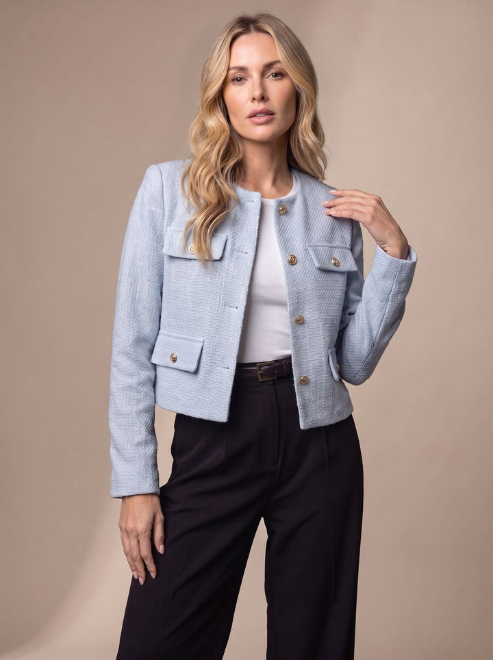 Women's Cropped Tweed Blazer Collarless Gold-Button Flap-Pocket Jacket, Light Blue