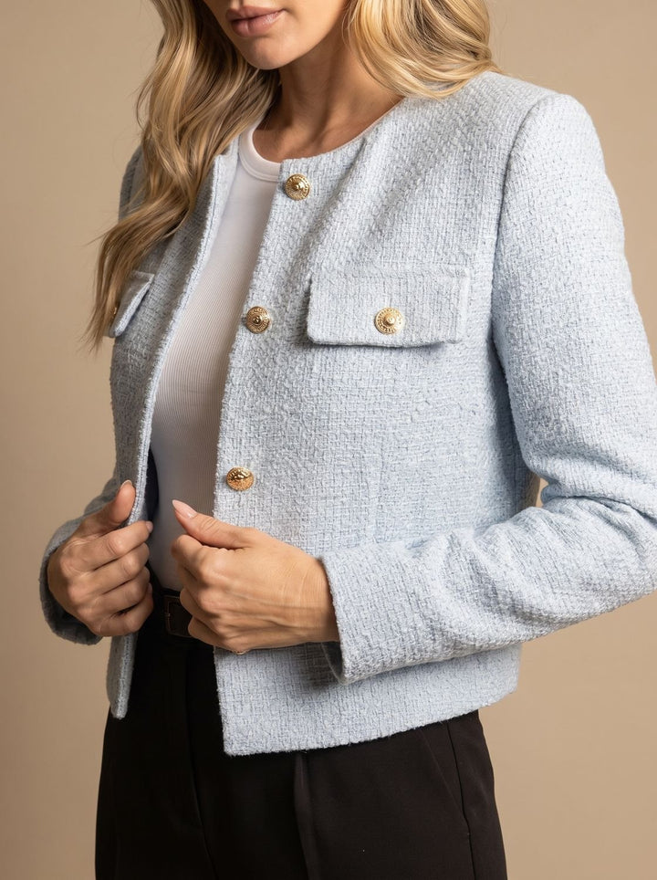Women's Cropped Tweed Blazer Collarless Gold-Button Flap-Pocket Jacket, Light Blue