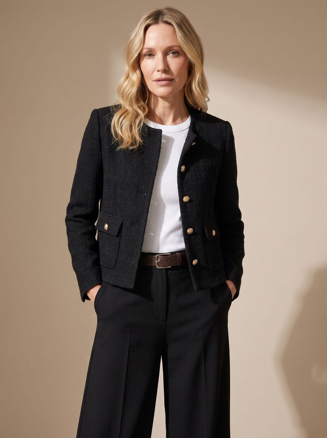 Women's Cropped Tweed Blazer Collarless Gold-Button Flap-Pocket Jacket, Light Blue - Black