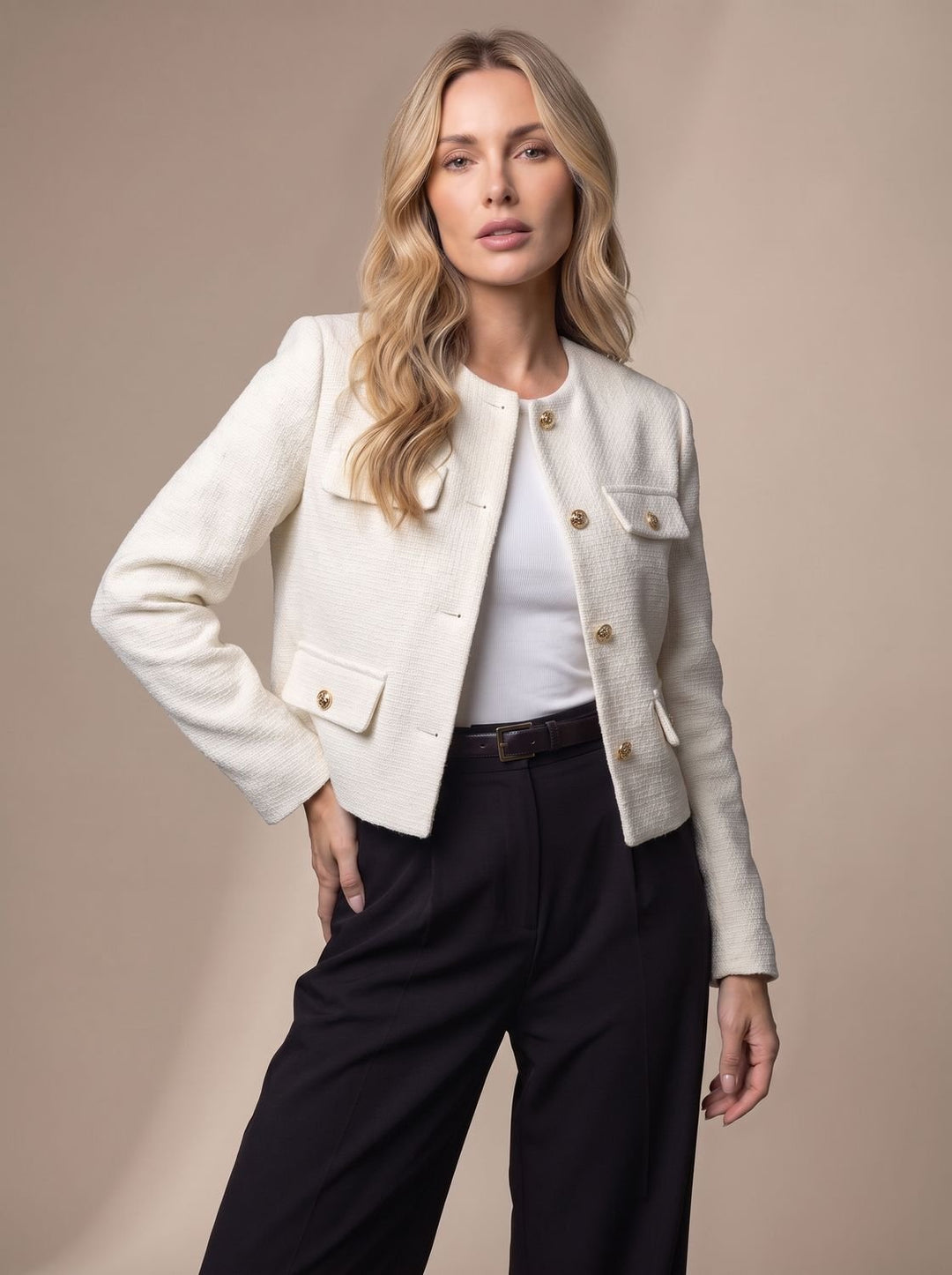 Women's Cropped Tweed Blazer Collarless Gold-Button Flap-Pocket Jacket, Light Blue - White