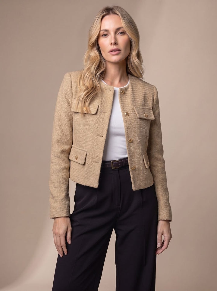 Women's Cropped Tweed Blazer Collarless Gold-Button Flap-Pocket Jacket, Light Blue - Khaki
