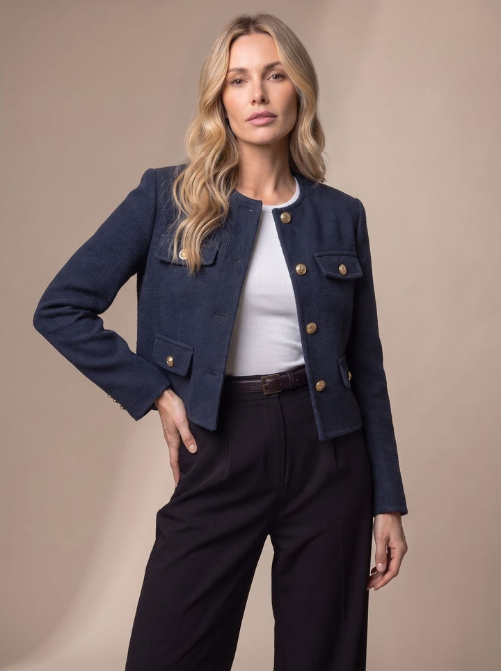 Women's Cropped Tweed Blazer Collarless Gold-Button Flap-Pocket Jacket, Light Blue - Navy Blue