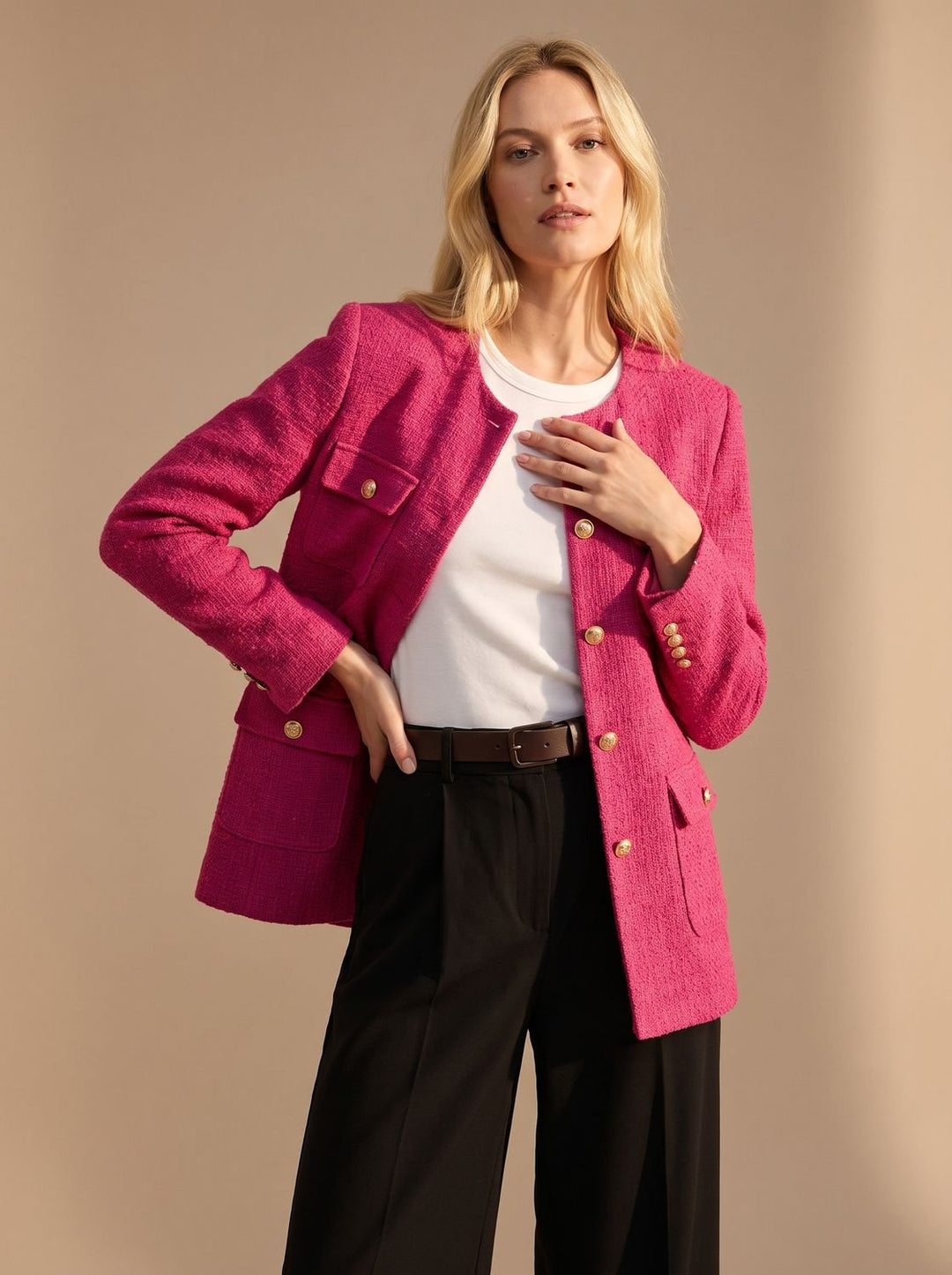 Women's Cropped Tweed Blazer Collarless Gold-Button Flap-Pocket Jacket, Light Blue - Pink