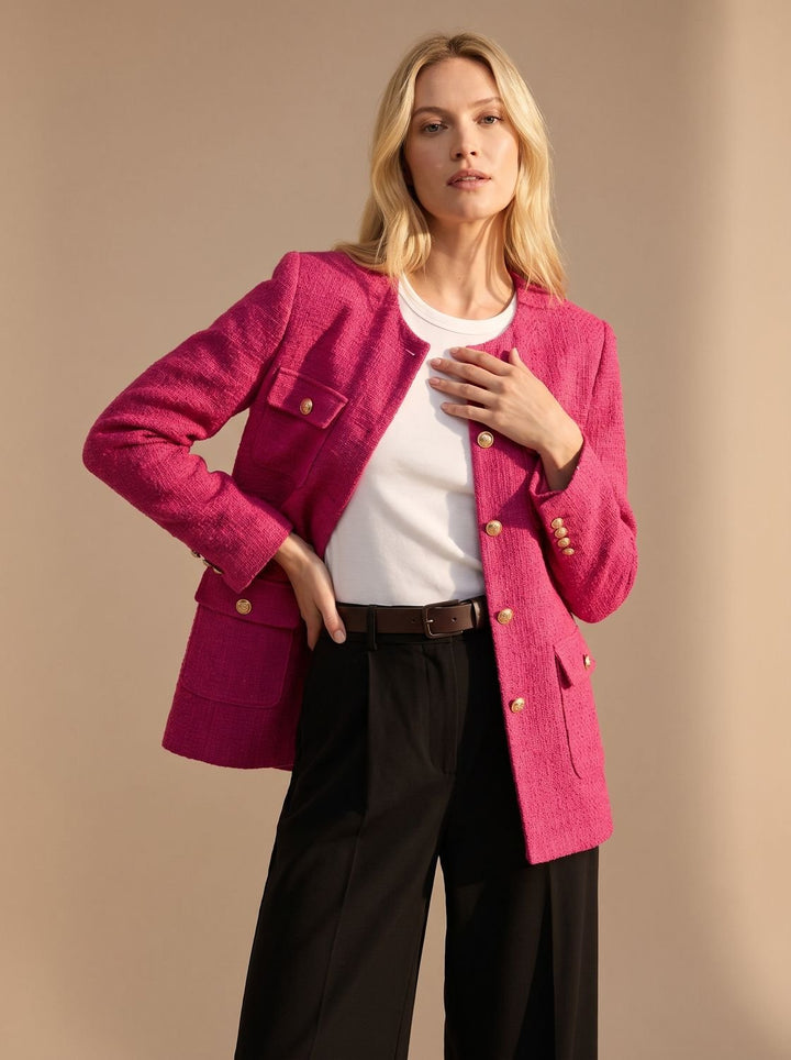 Women's Cropped Tweed Blazer Collarless Gold-Button Flap-Pocket Jacket, Light Blue - Pink