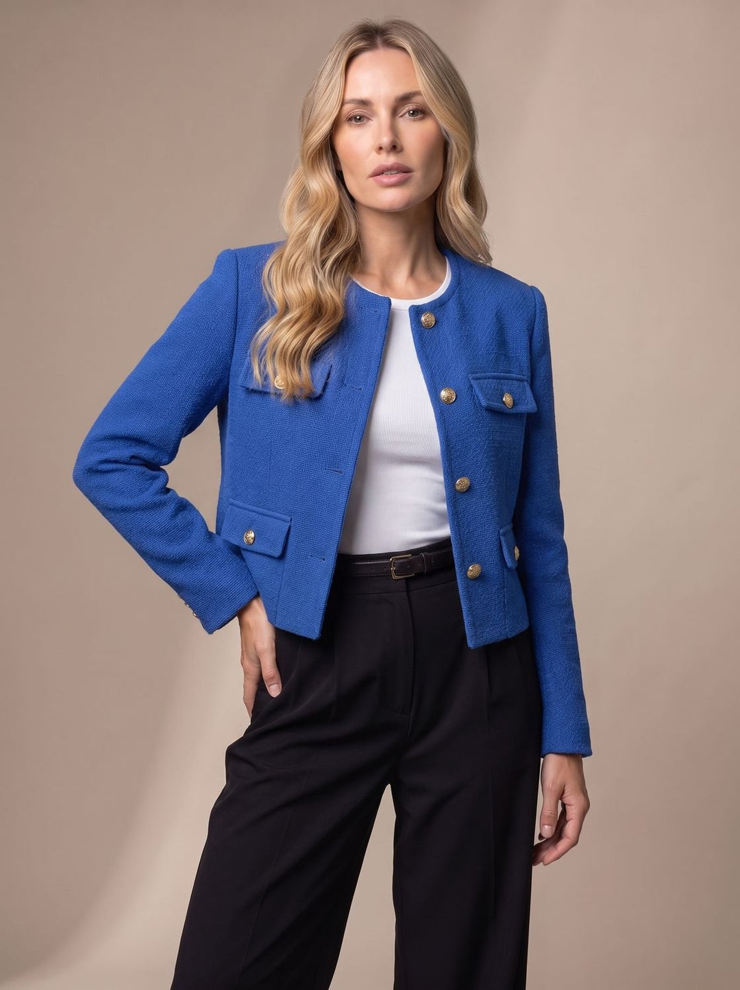 Women's Cropped Tweed Blazer Collarless Gold-Button Flap-Pocket Jacket, Light Blue - Blue