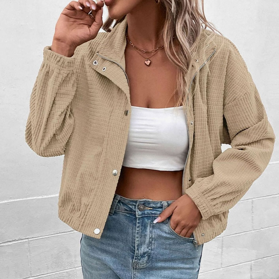 Women's Cropped Waffle-Knit Mock-Neck Button-Front Jacket
