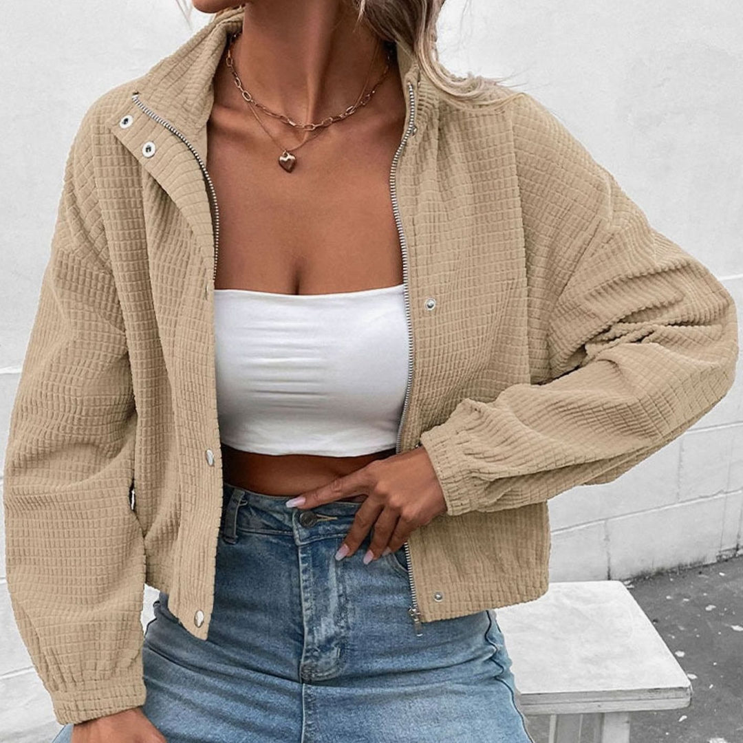 Women's Cropped Waffle-Knit Mock-Neck Button-Front Jacket - Apricot