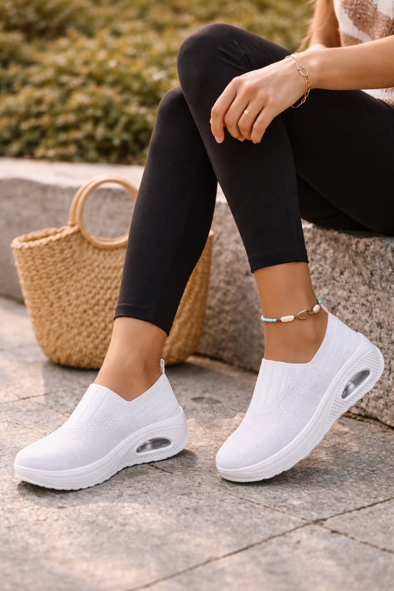 Women's Cushioned Knit Slip-On Walking Sneaker Boots - White