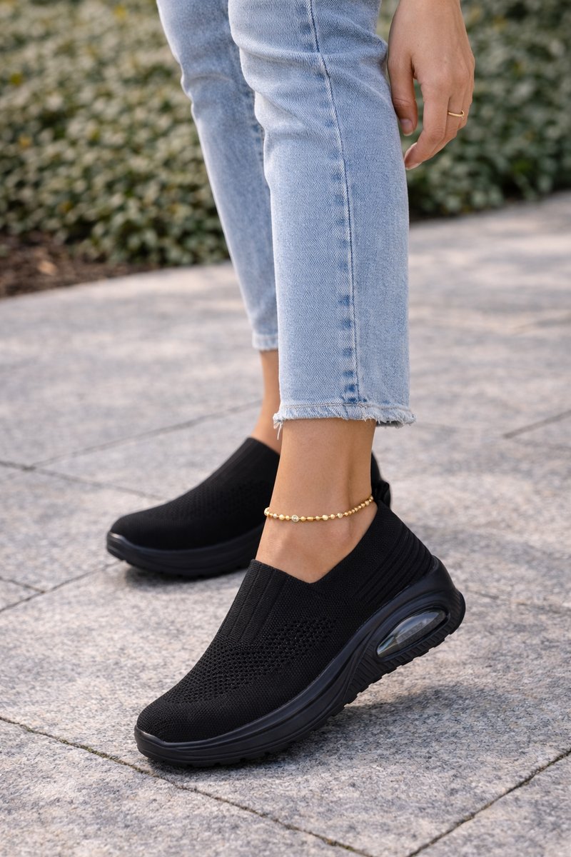 Women's Cushioned Knit Slip-On Walking Sneaker Boots - Black
