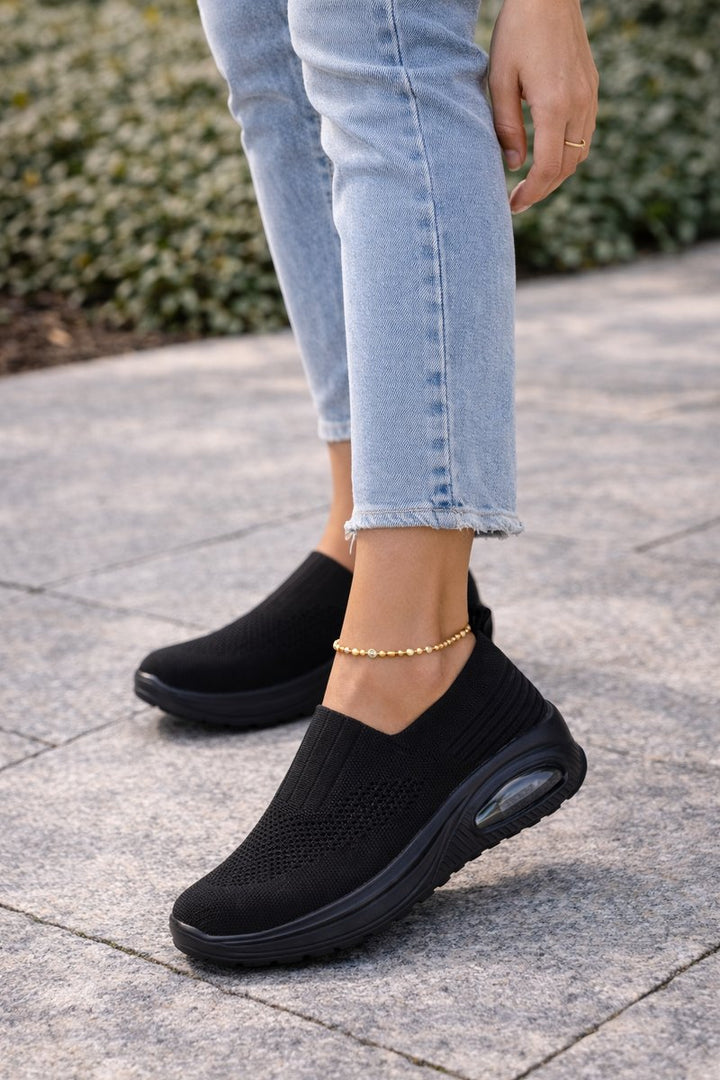 Women's Cushioned Knit Slip-On Walking Sneaker Boots - Black