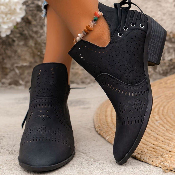 Women's Cutout Lace-Up Pointed-Toe Block-Heel Ankle Boots