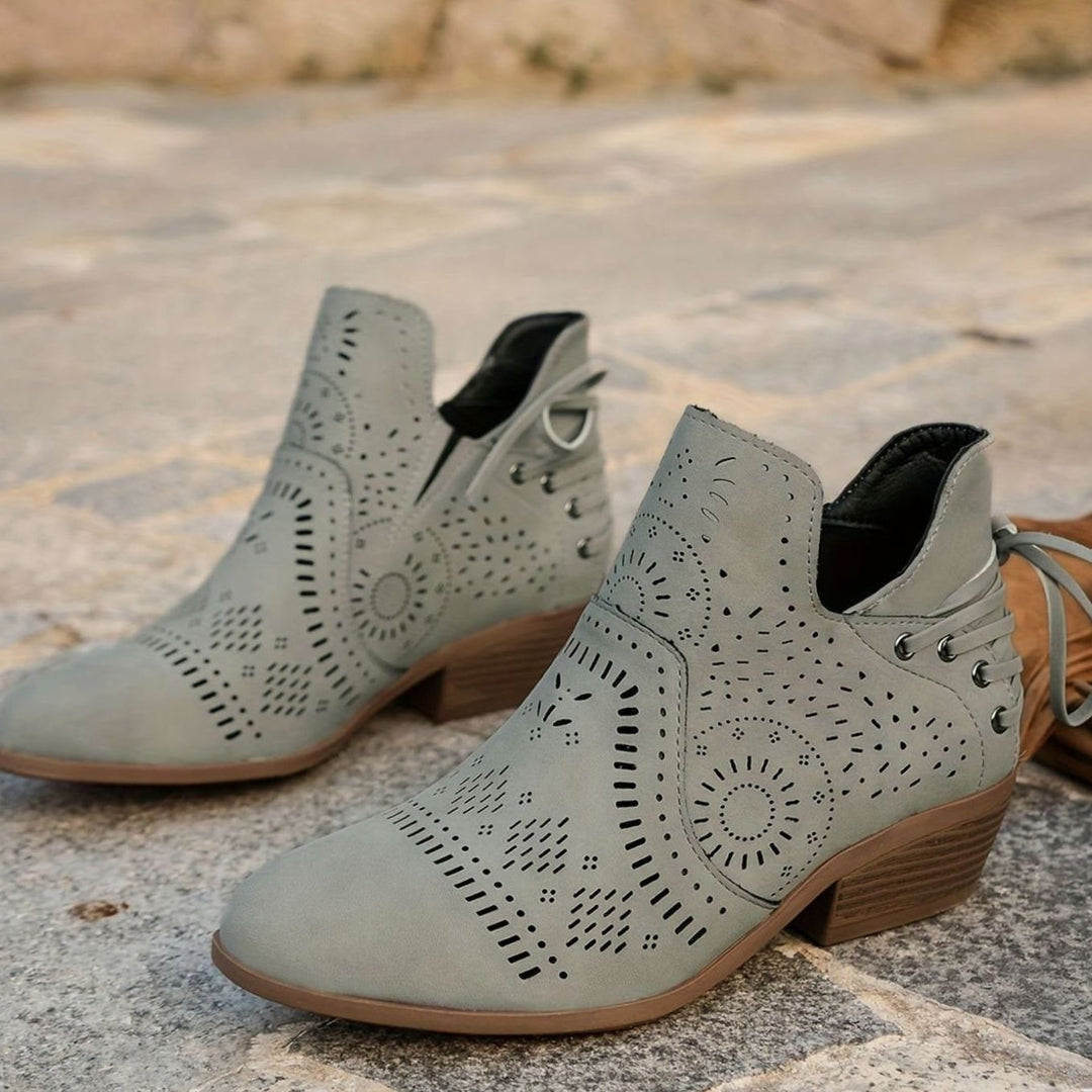 Women's Cutout Lace-Up Pointed-Toe Block-Heel Ankle Boots