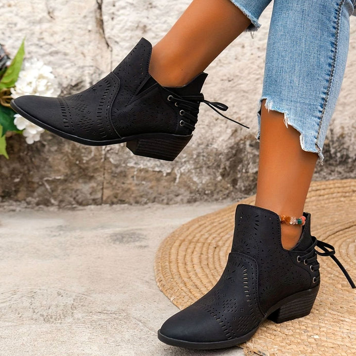 Women's Cutout Lace-Up Pointed-Toe Block-Heel Ankle Boots