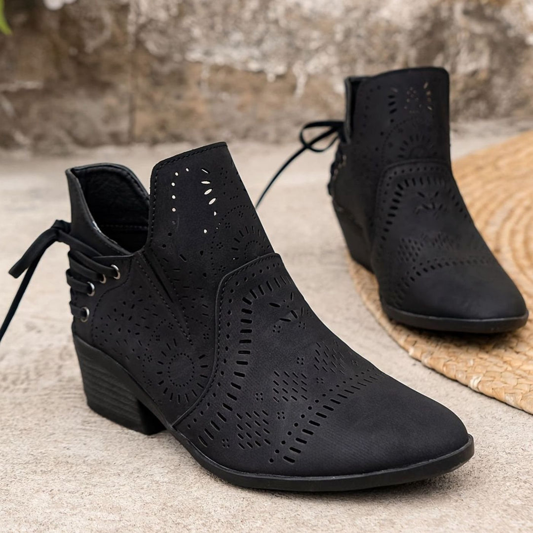Women's Cutout Lace-Up Pointed-Toe Block-Heel Ankle Boots