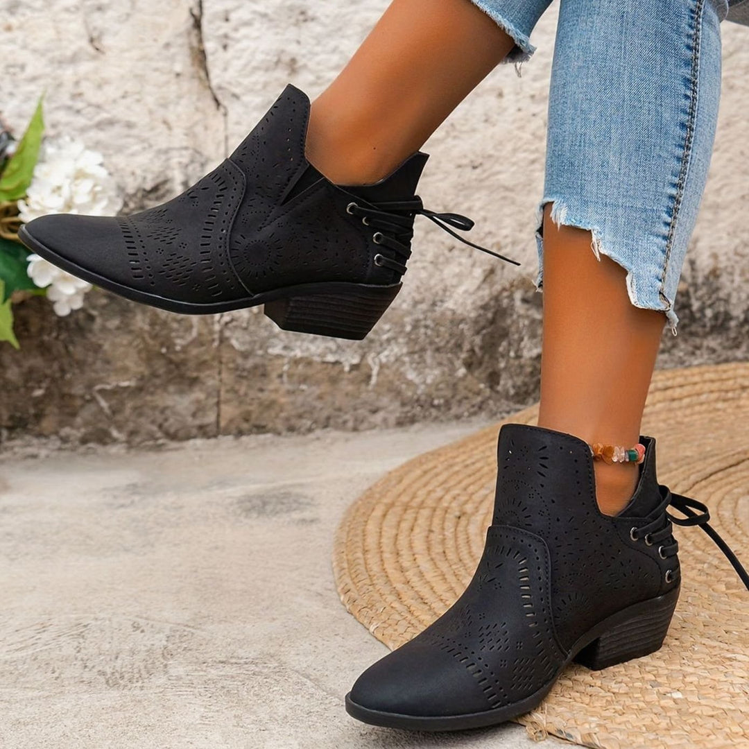 Women's Cutout Lace-Up Pointed-Toe Block-Heel Ankle Boots