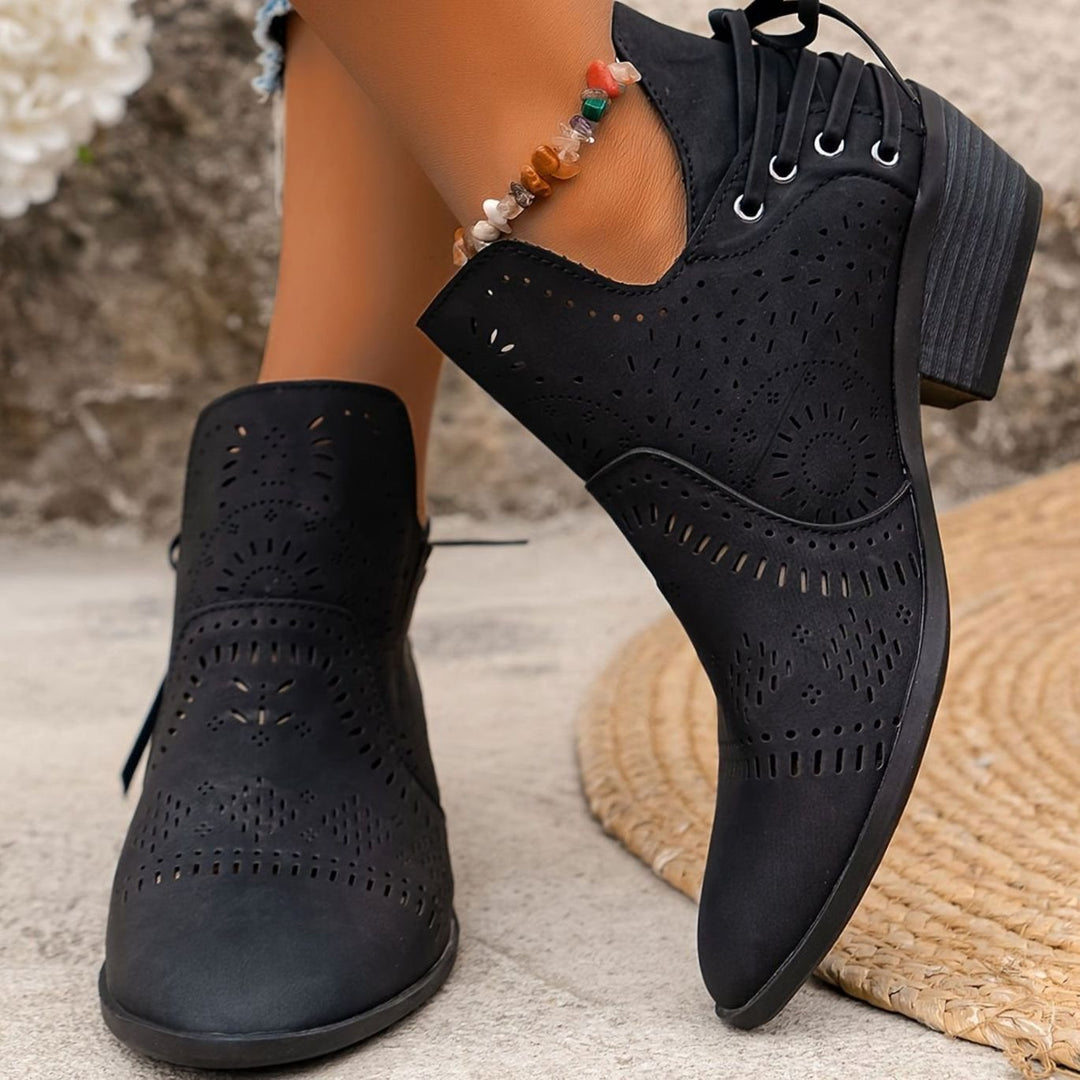 Women's Cutout Lace-Up Pointed-Toe Block-Heel Ankle Boots