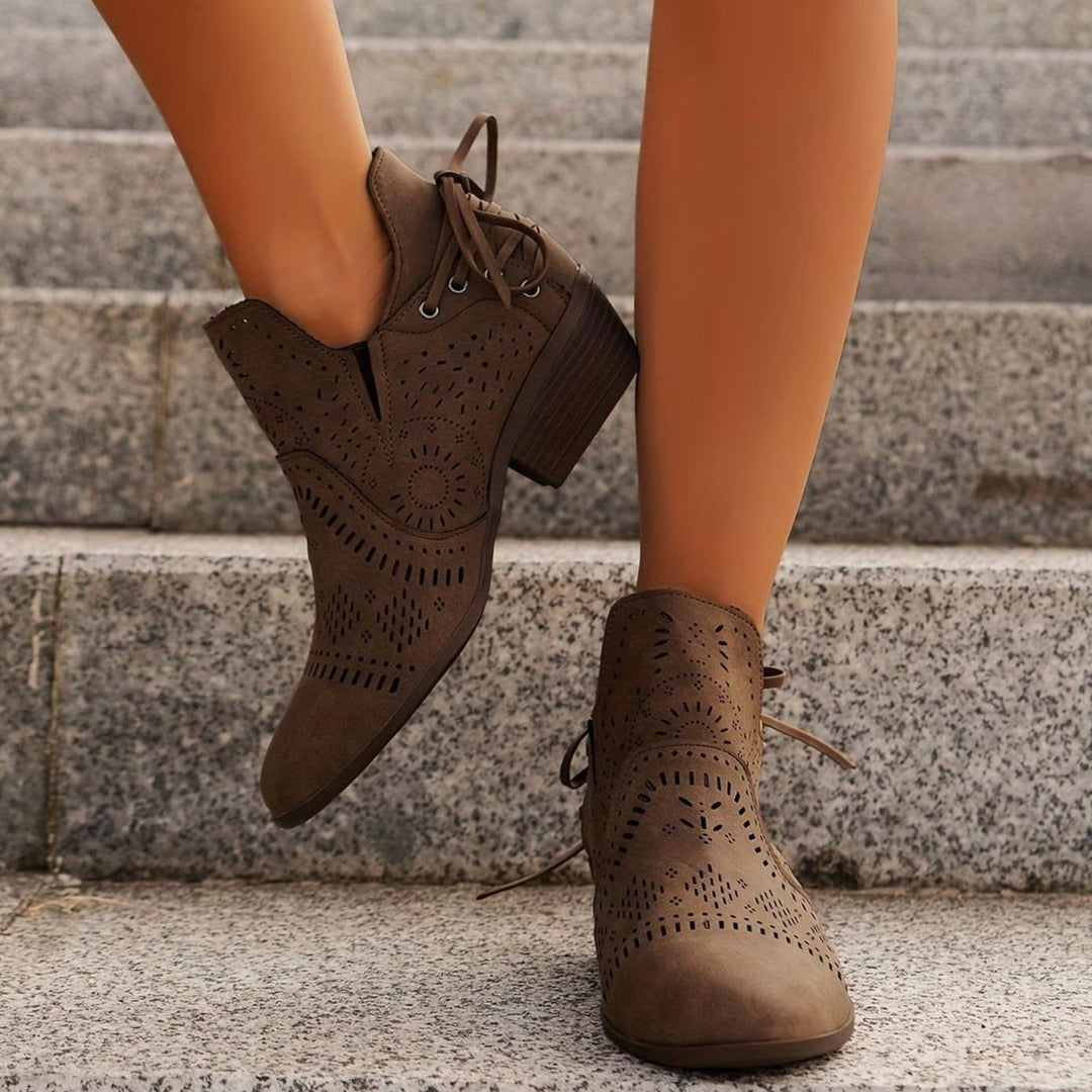 Women's Cutout Lace-Up Pointed-Toe Block-Heel Ankle Boots