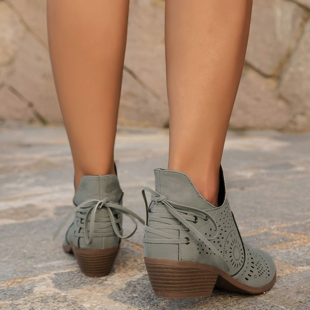 Women's Cutout Lace-Up Pointed-Toe Block-Heel Ankle Boots