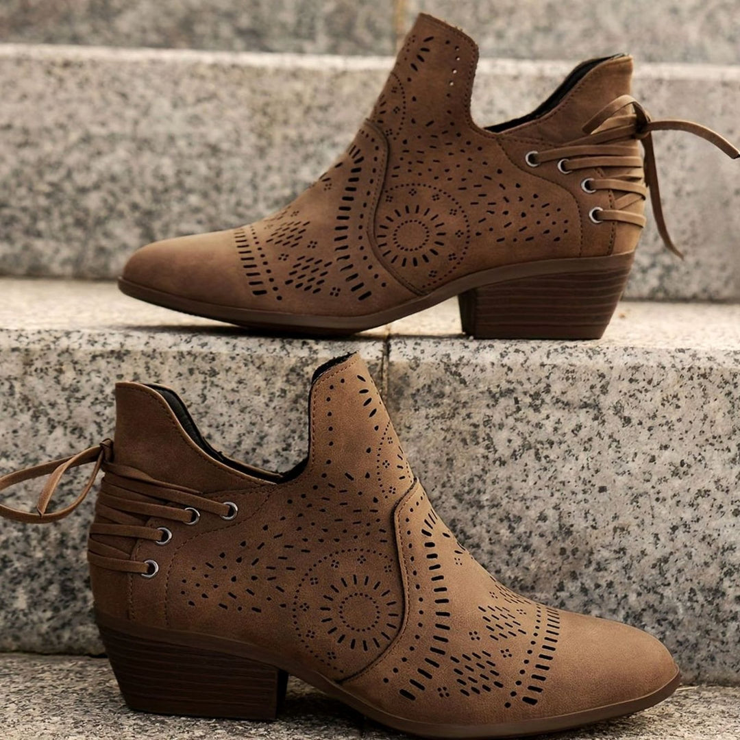 Women's Cutout Lace-Up Pointed-Toe Block-Heel Ankle Boots