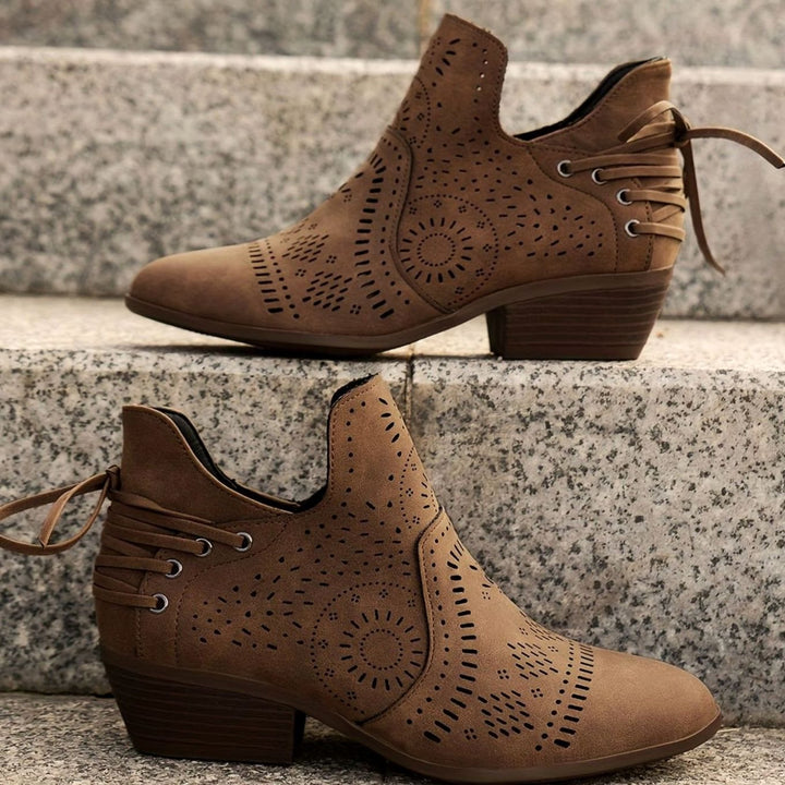 Women's Cutout Lace-Up Pointed-Toe Block-Heel Ankle Boots