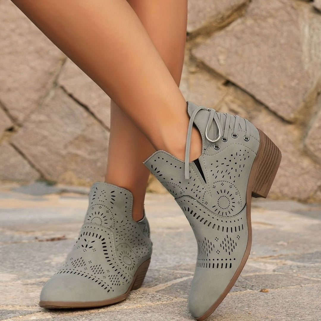 Women's Cutout Lace-Up Pointed-Toe Block-Heel Ankle Boots