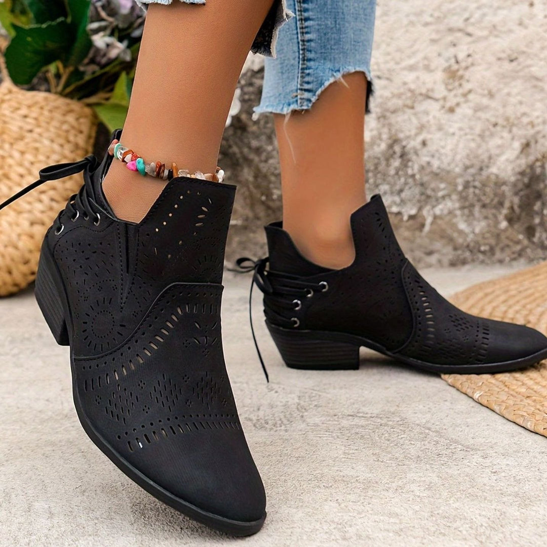 Women's Cutout Lace-Up Pointed-Toe Block-Heel Ankle Boots - Black