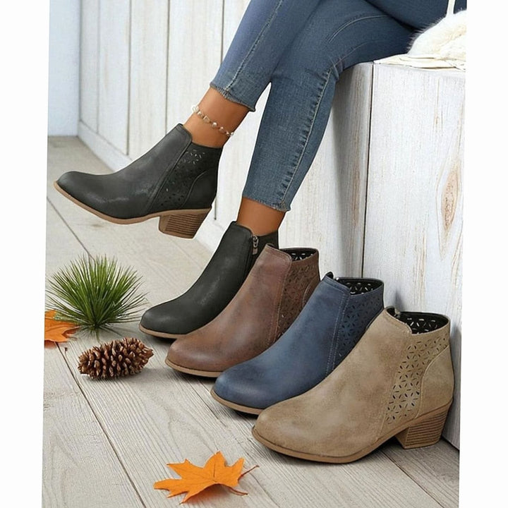 Women's Cutout Low-Heel Ankle Boots Side-Zip Booties