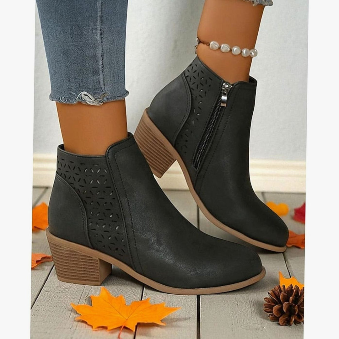 Women's Cutout Low-Heel Ankle Boots Side-Zip Booties