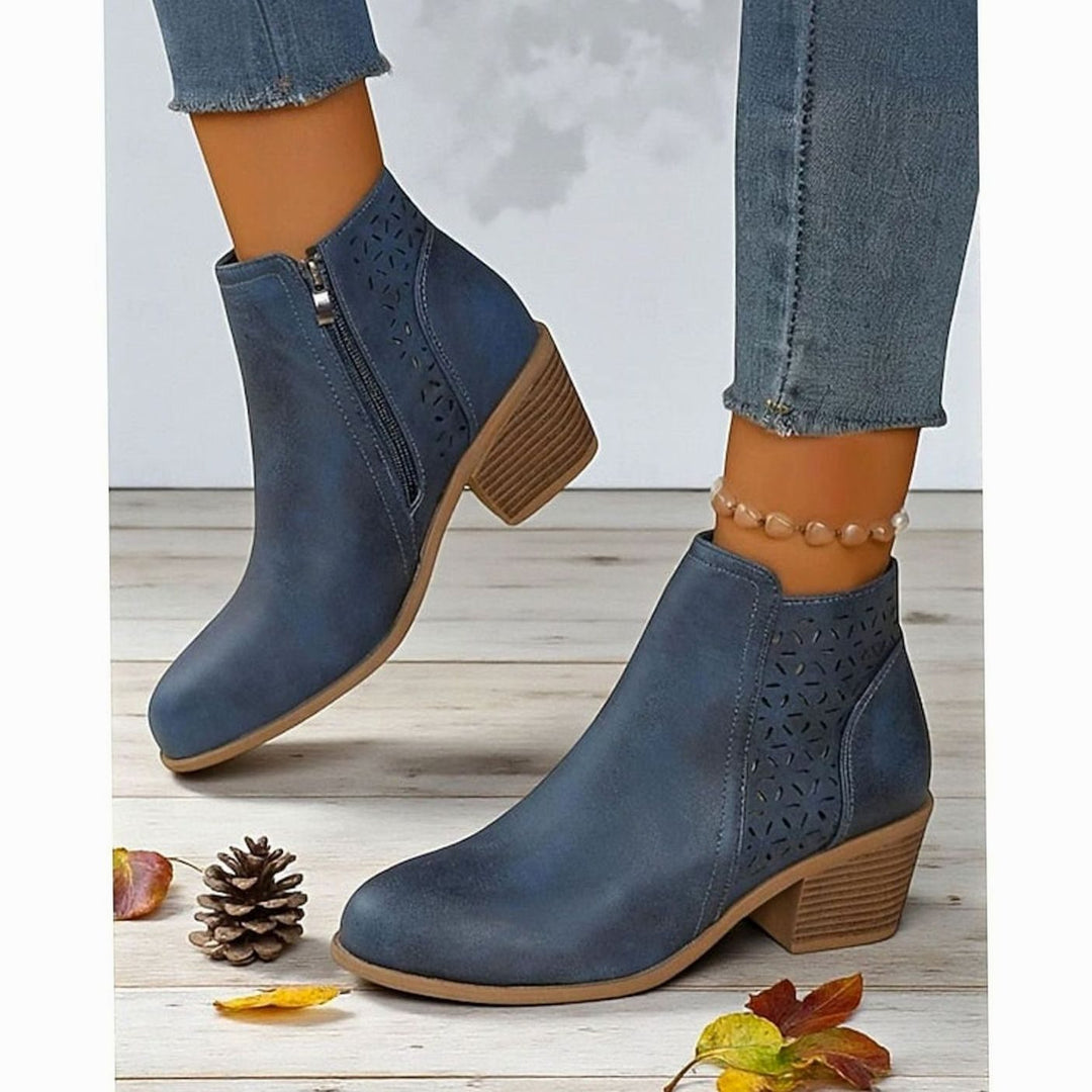 Women's Cutout Low-Heel Ankle Boots Side-Zip Booties - Blue