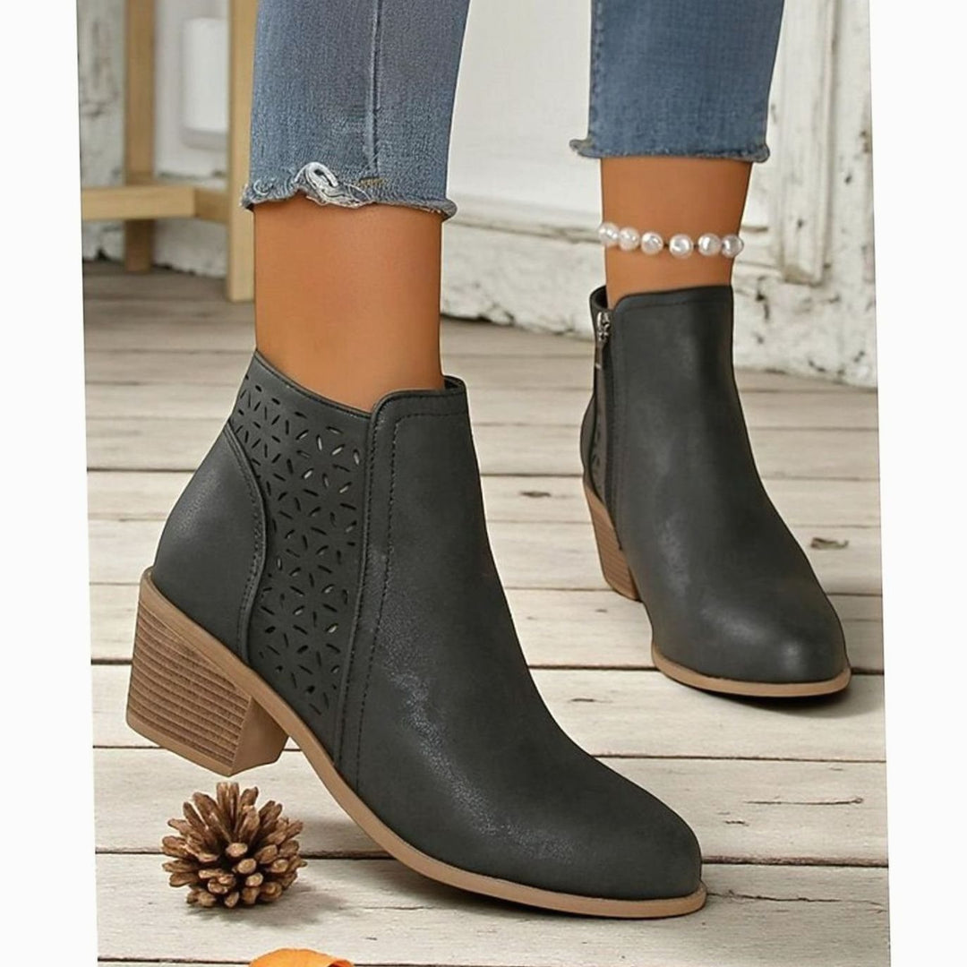 Women's Cutout Low-Heel Ankle Boots Side-Zip Booties - Black