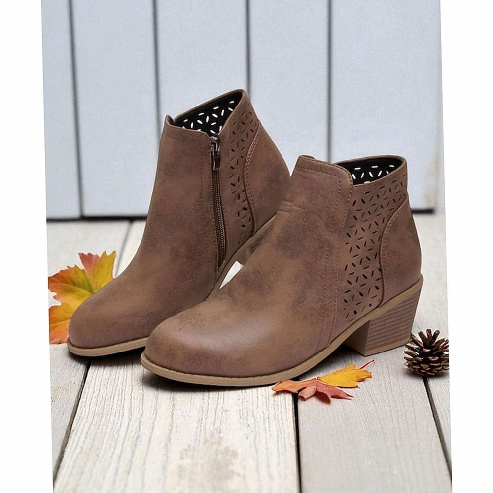Women's Cutout Low-Heel Ankle Boots Side-Zip Booties - Brown