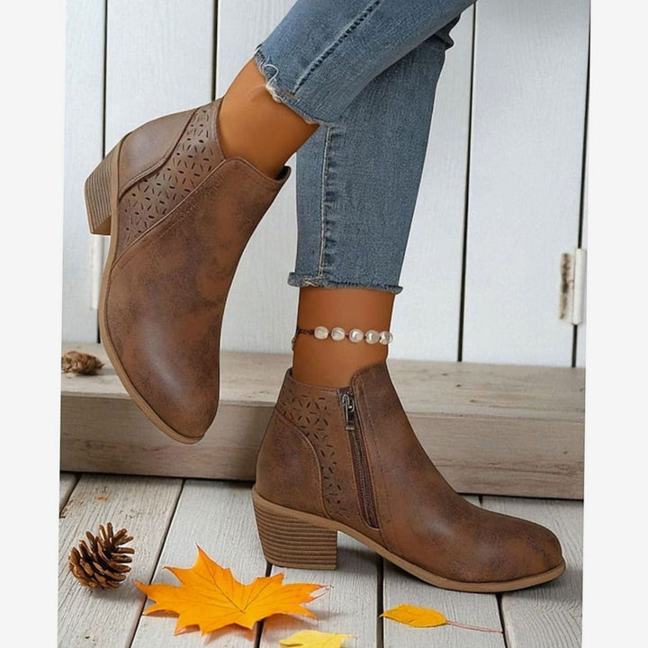 Women's Cutout Low-Heel Ankle Boots Side-Zip Booties