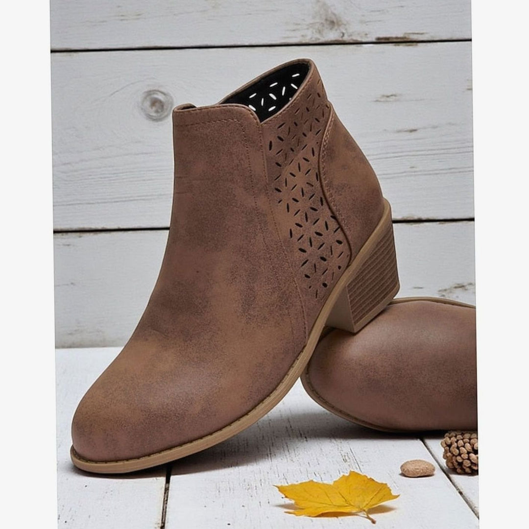 Women's Cutout Low-Heel Ankle Boots Side-Zip Booties