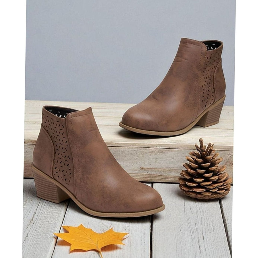 Women's Cutout Low-Heel Ankle Boots Side-Zip Booties