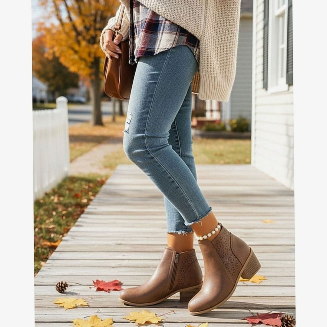 Women's Cutout Low-Heel Ankle Boots Side-Zip Booties