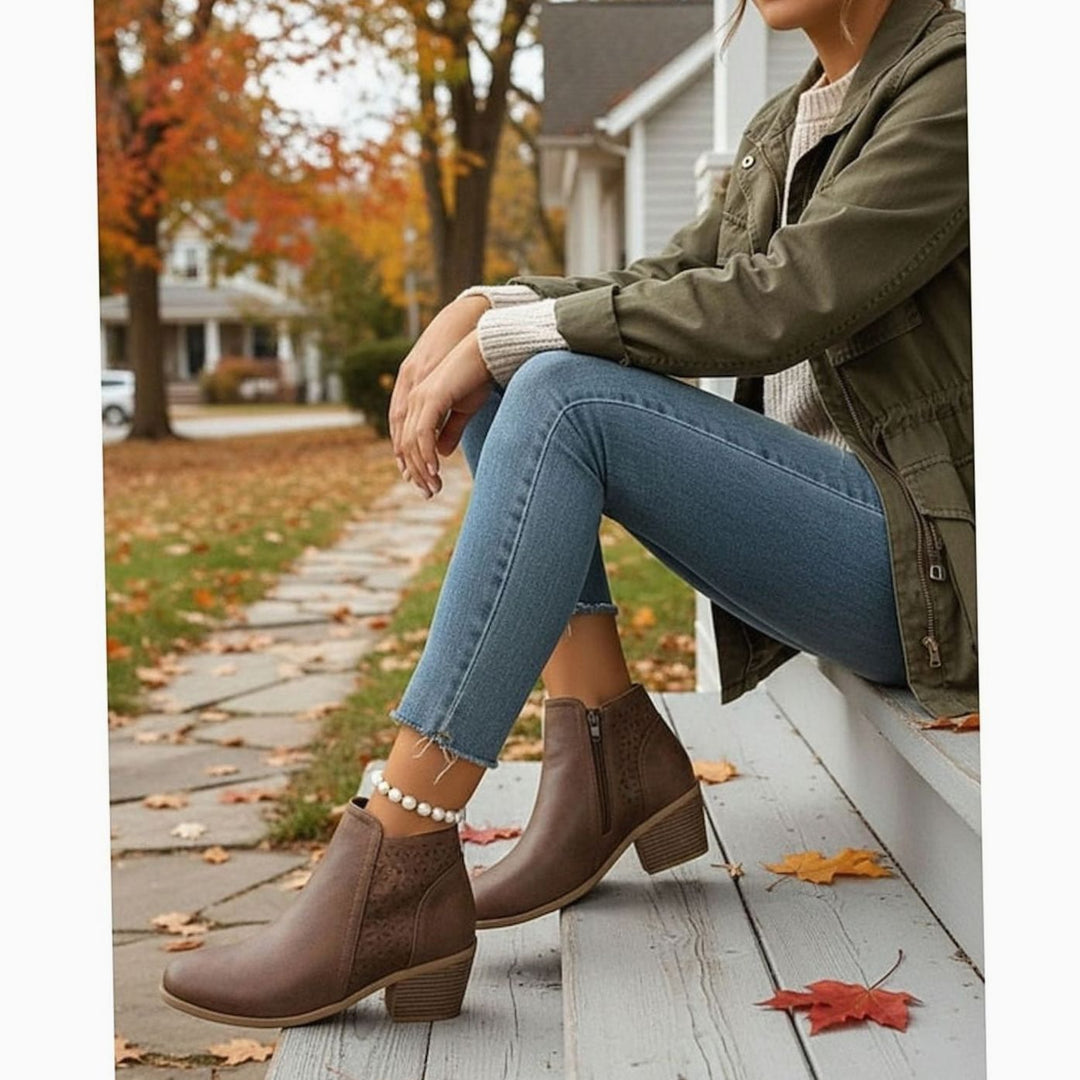 Women's Cutout Low-Heel Ankle Boots Side-Zip Booties