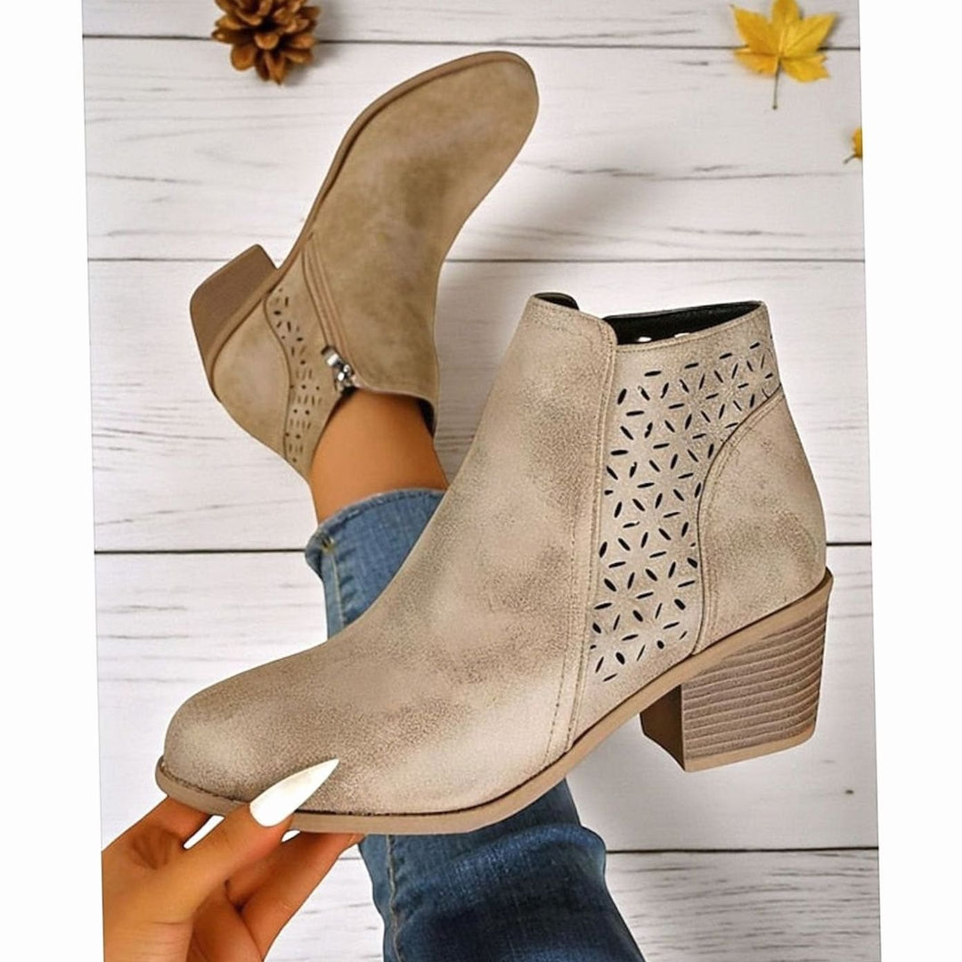 Women's Cutout Low-Heel Ankle Boots Side-Zip Booties - Khaki