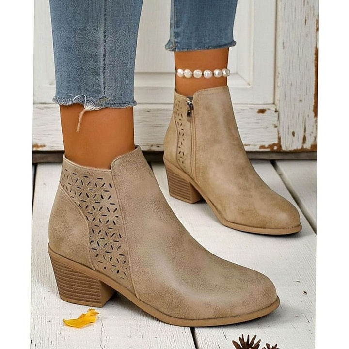 Women's Cutout Low-Heel Ankle Boots Side-Zip Booties