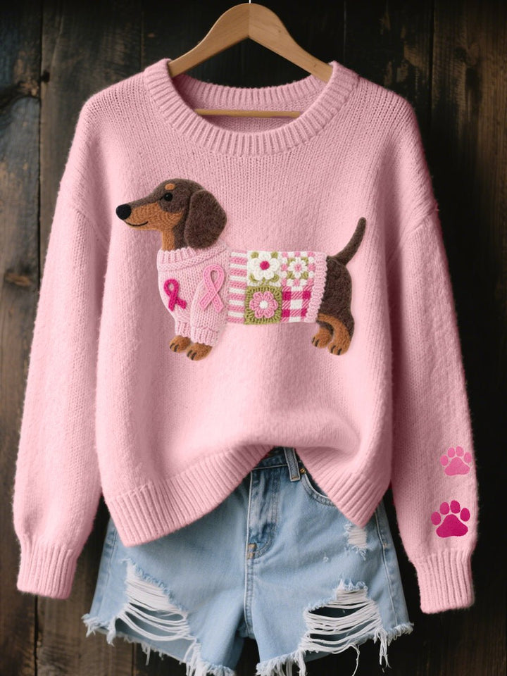 Women's Dachshund Patchwork Relaxed-Fit Knit Sweater - Pink