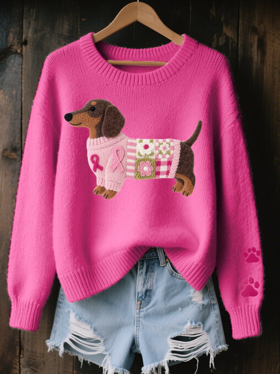 Women's Dachshund Patchwork Relaxed-Fit Knit Sweater - Dark Pink