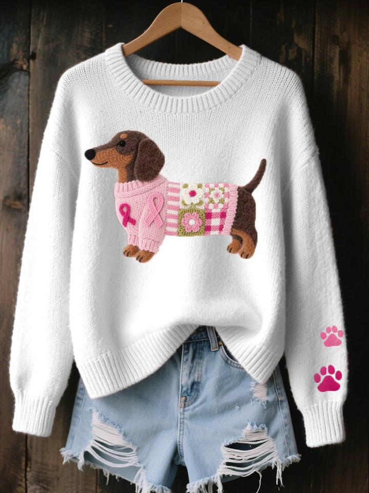 Women's Dachshund Patchwork Relaxed-Fit Knit Sweater - White