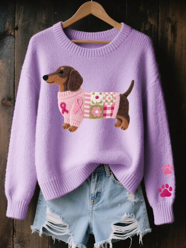 Women's Dachshund Patchwork Relaxed-Fit Knit Sweater - Purple