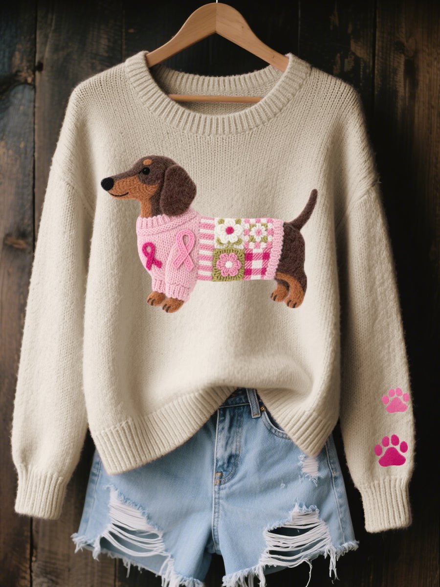 Women's Dachshund Patchwork Relaxed-Fit Knit Sweater - Beige