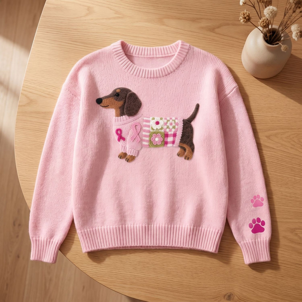 Women's Dachshund Print Knit Sweater Relaxed Crew-Neck Pullover - Light Pink
