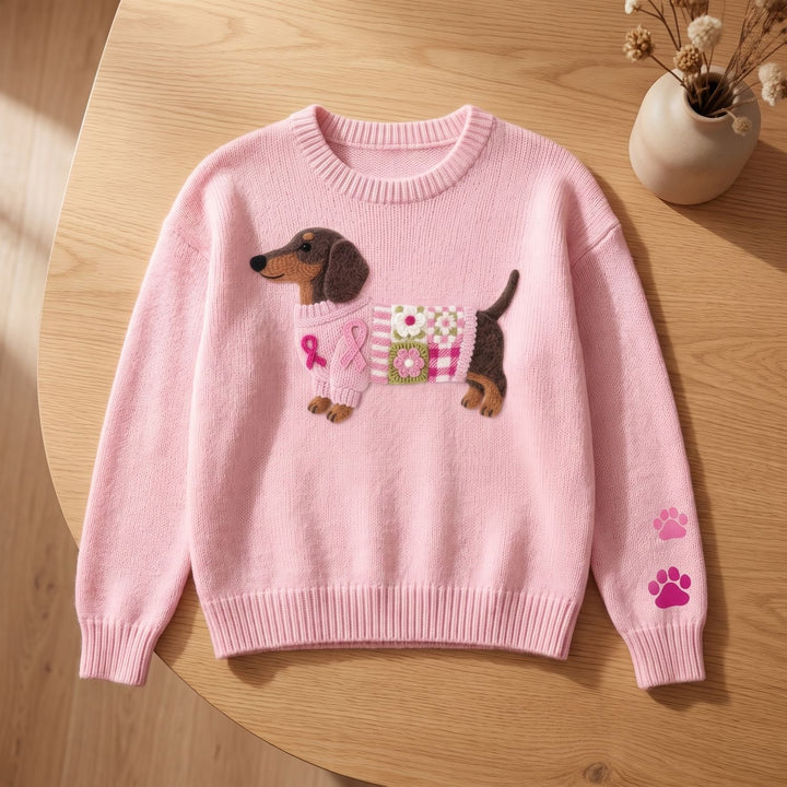 Women's Dachshund Print Knit Sweater Relaxed Crew-Neck Pullover - Light Pink