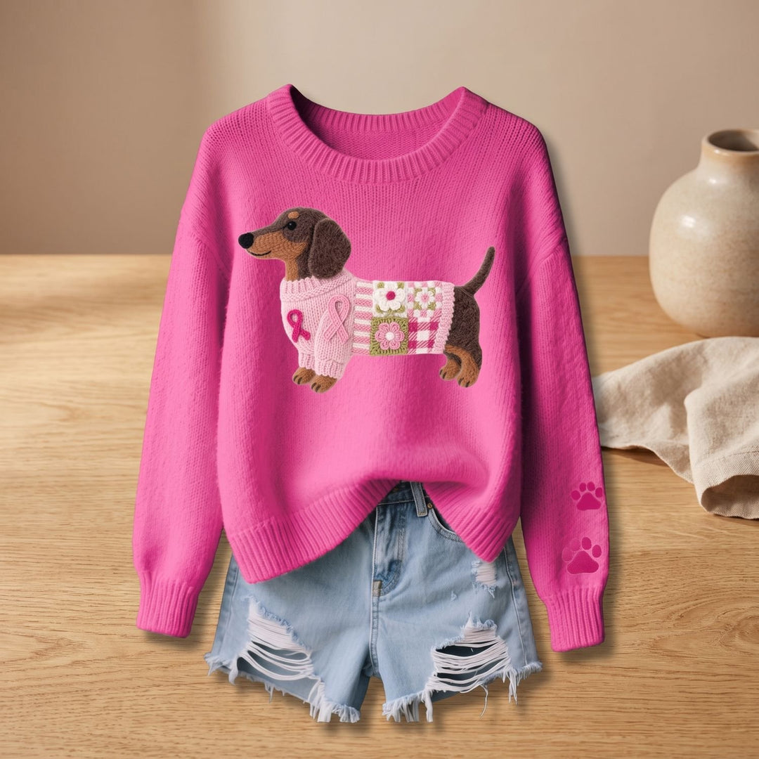 Women's Dachshund Print Knit Sweater Relaxed Crew-Neck Pullover - Pink