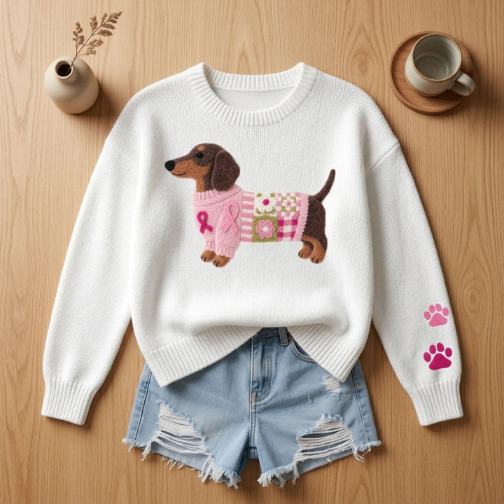Women's Dachshund Print Knit Sweater Relaxed Crew-Neck Pullover - White
