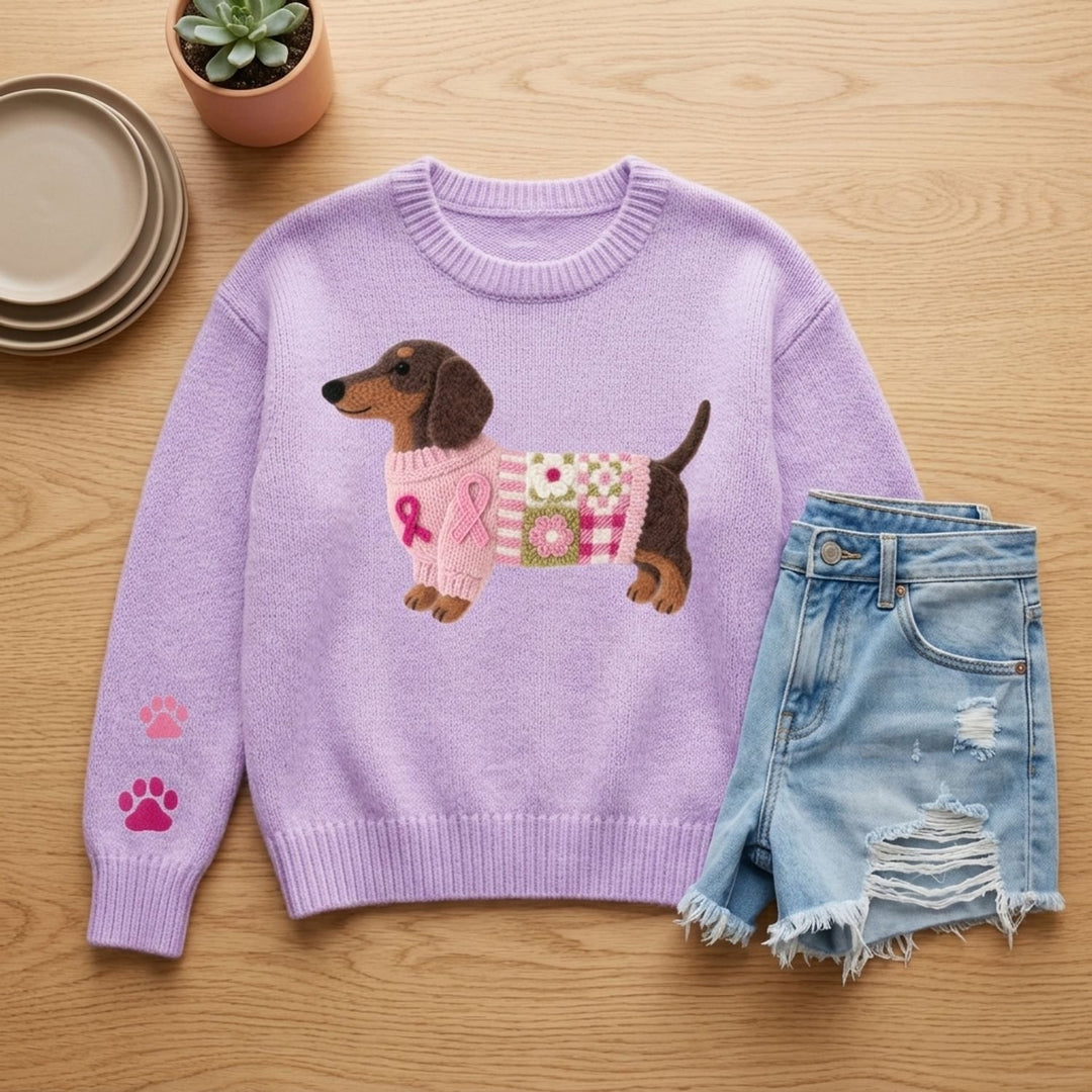 Women's Dachshund Print Knit Sweater Relaxed Crew-Neck Pullover - Violet